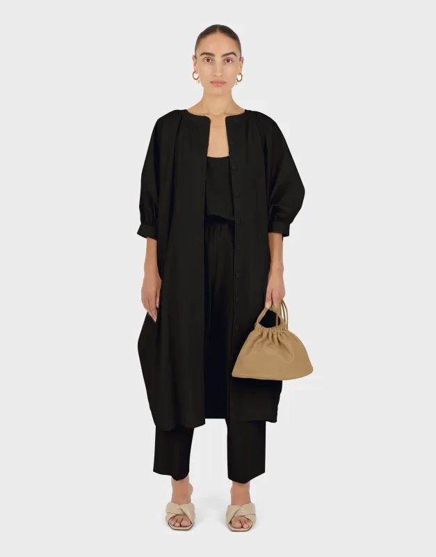 Button Front Kaftan | Black Parchment Poplin made by Modern Weaving