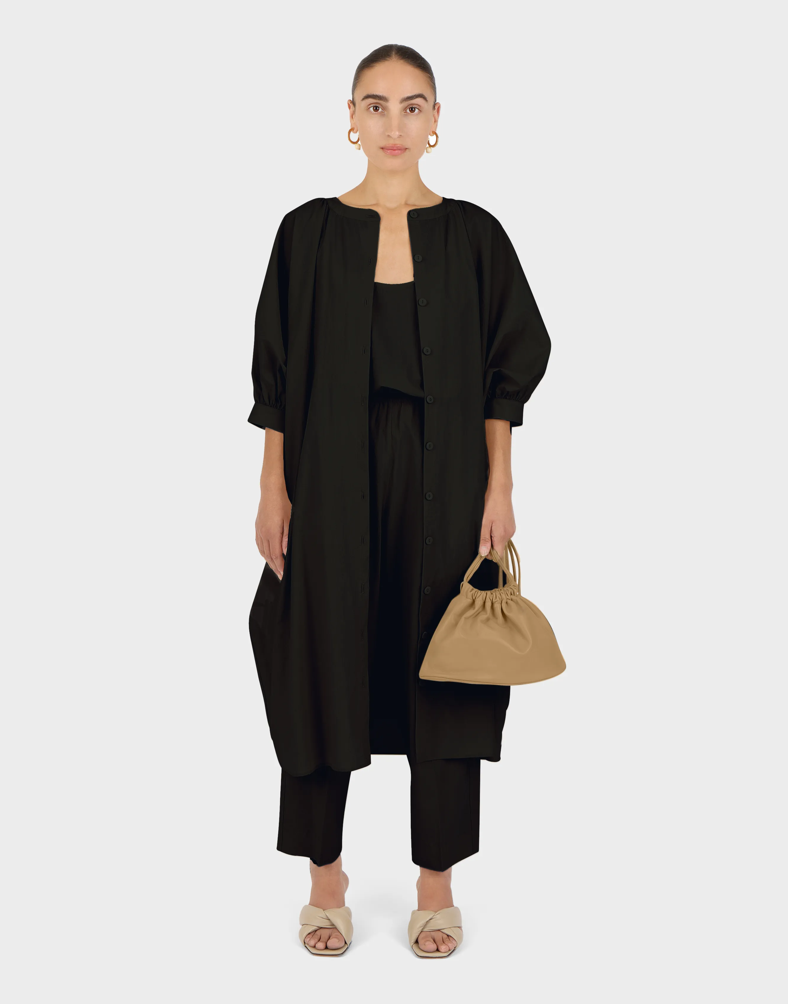 Button Front Kaftan | Black Parchment Poplin sold by Modern Weaving