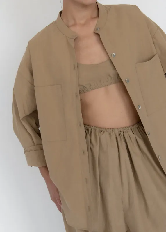 Oversize Mock Collar Button Down | Khaki Parchment Poplin made by Modern Weaving