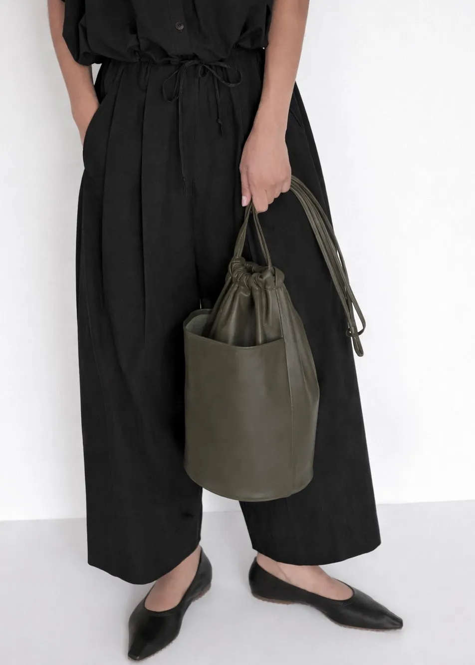 Dropped Open Leg Casual Trouser | Black Parchment Poplin sold by Modern Weaving