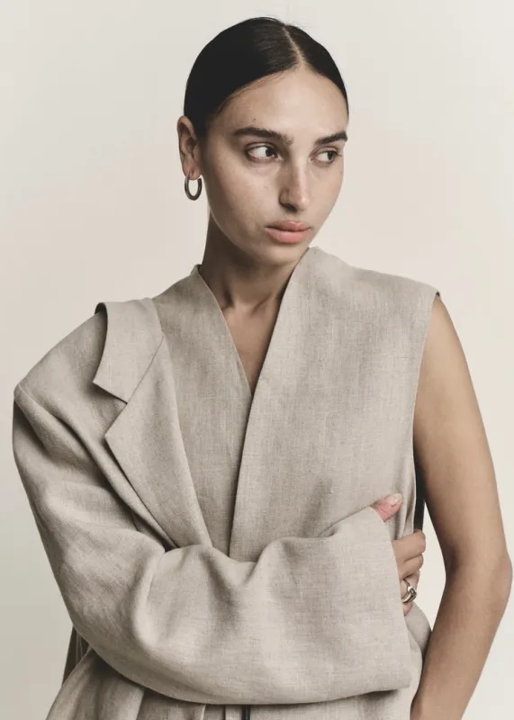 Open Front Roomy Vest  |  Natural Melange Structured Linen made by Modern Weaving