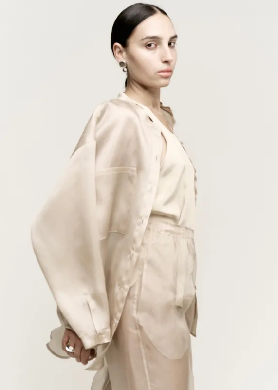 Oversize Banded Collar Button Down | Ecru Silk Satin Organza made by Modern Weaving