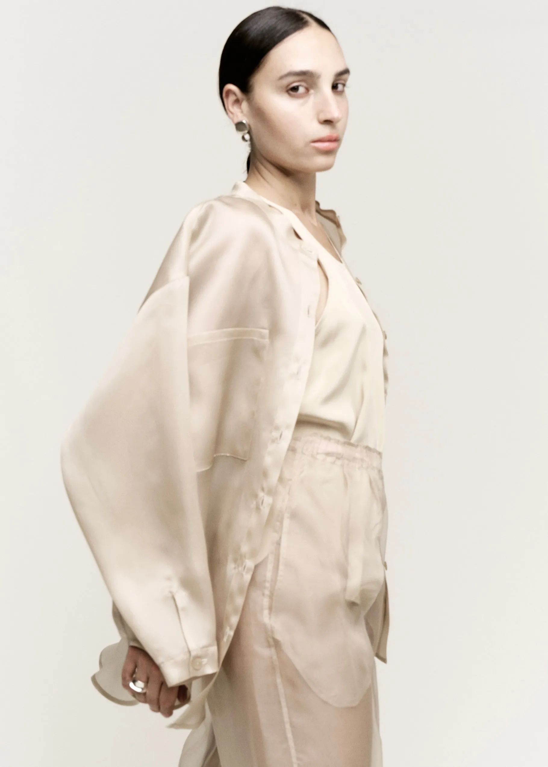 Oversize Banded Collar Button Down | Ecru Silk Satin Organza sold by Modern Weaving
