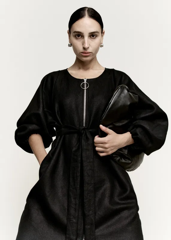 O-Ring Zip Front Coat  | Black Structured Linen made by Modern Weaving