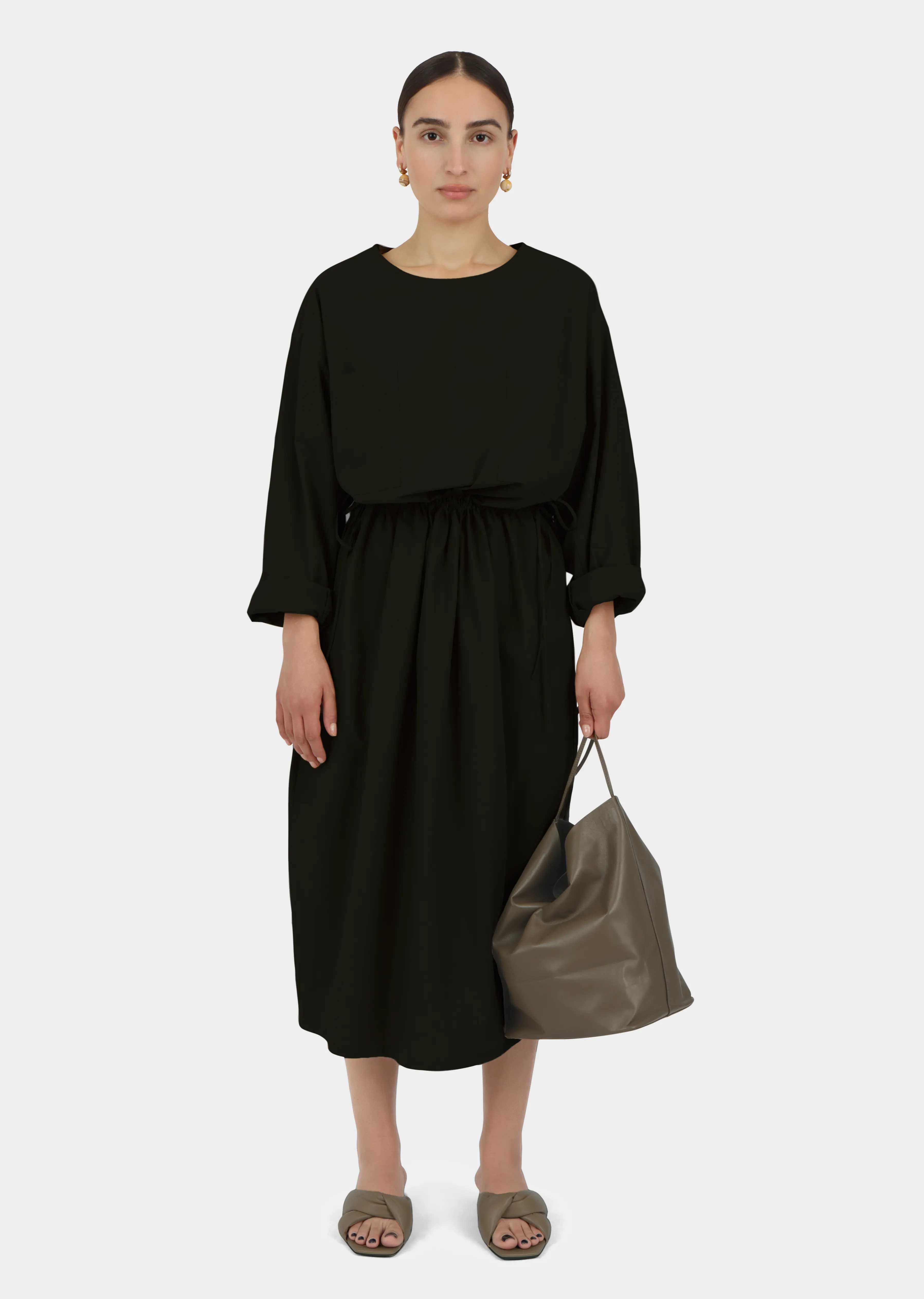 Tie Side Dress | Black Parchment Poplin sold by Modern Weaving