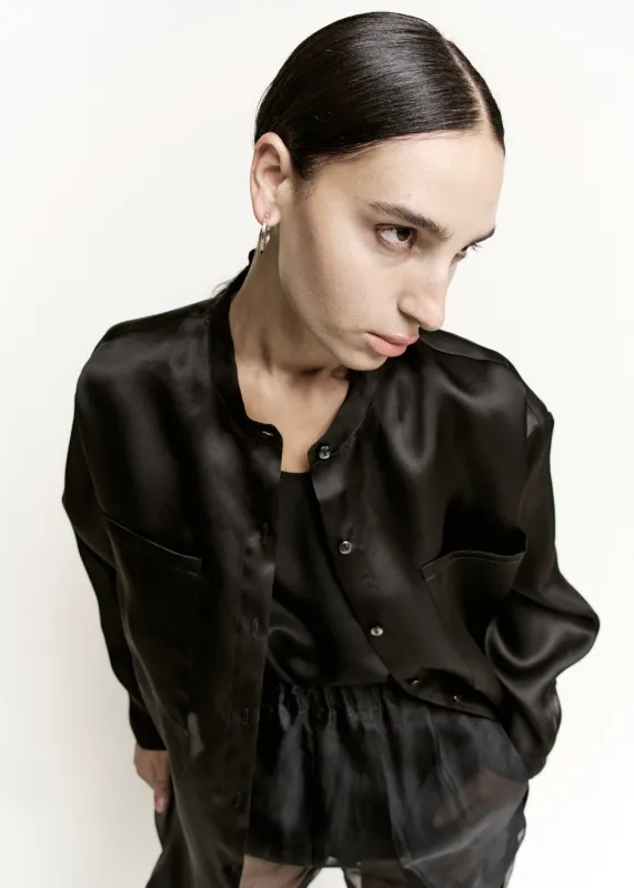 Oversize Banded Collar Button Down | Black Silk Organza made by Modern Weaving