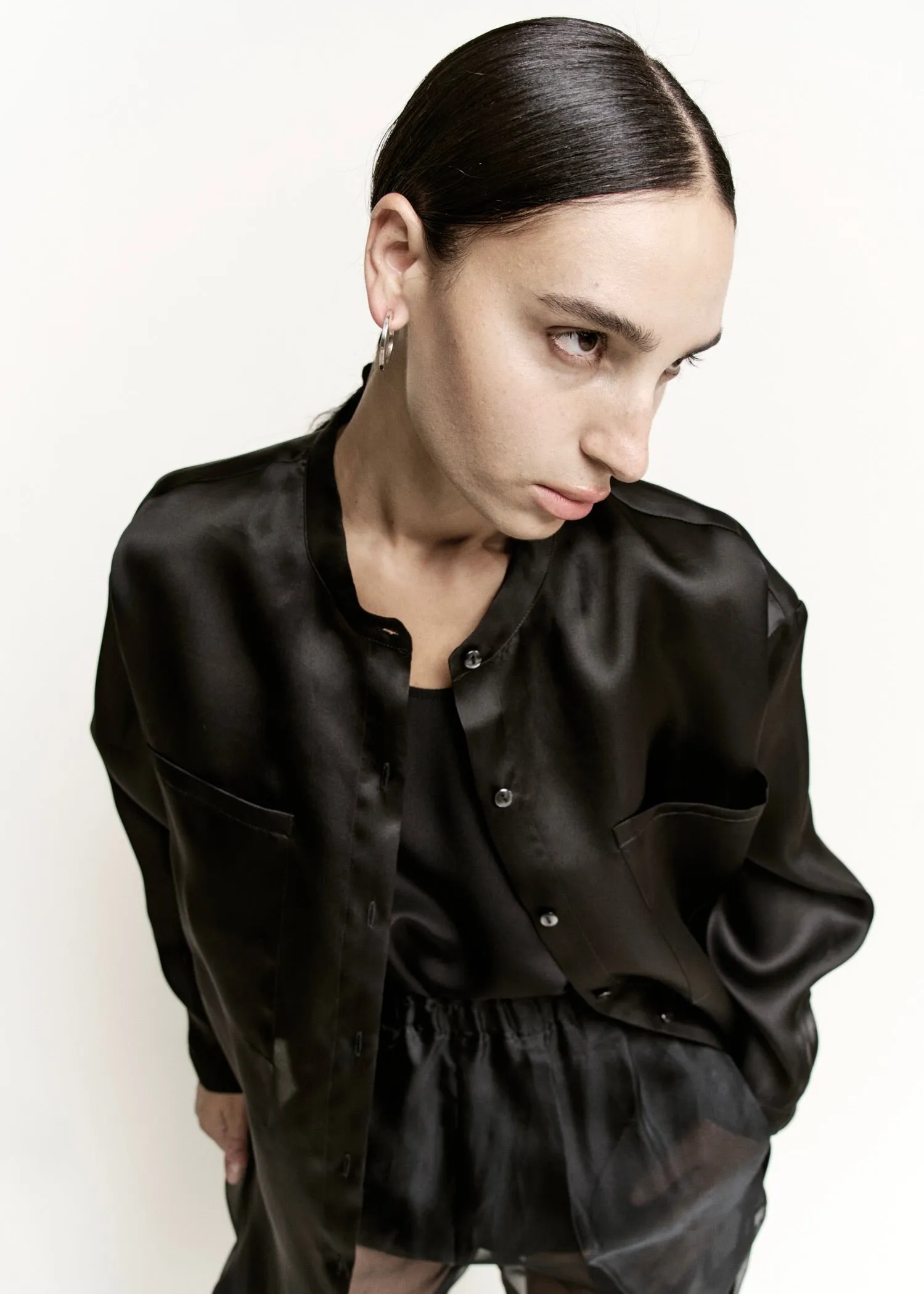 Oversize Banded Collar Button Down | Black Silk Organza sold by Modern Weaving