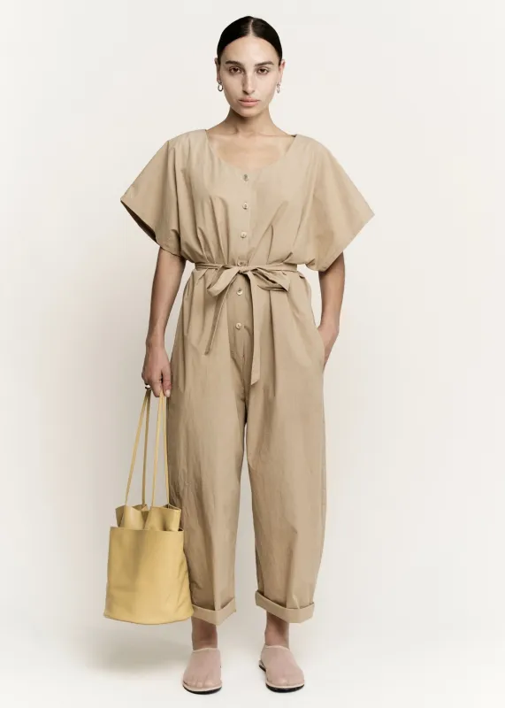 Scoop Neck Button Front Jumpsuit  |  Khaki Parchment Poplin made by Modern Weaving
