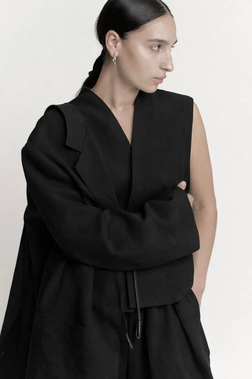 Open Front Roomy Vest | Black Structured Linen sold by Modern Weaving product image thumbnail 2