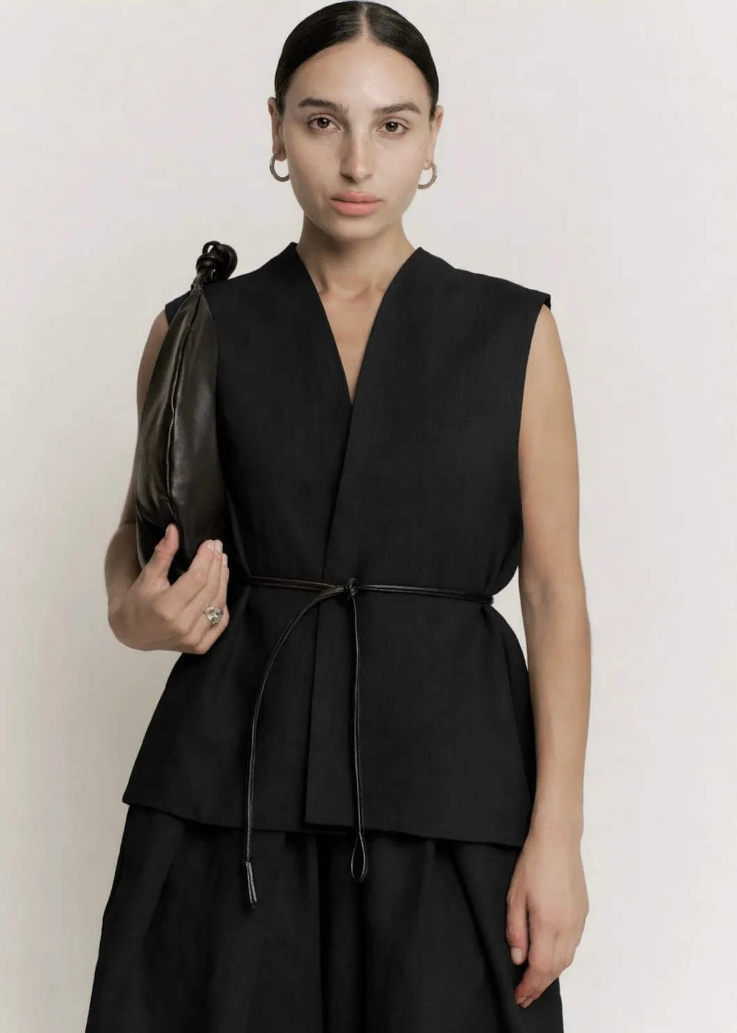Open Front Roomy Vest | Black Structured Linen sold by Modern Weaving