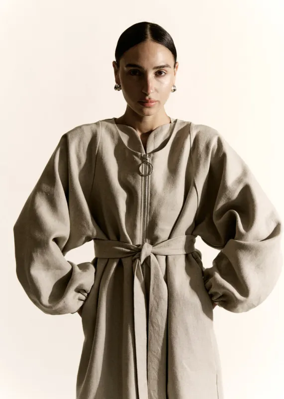 O-Ring Zip Front Coat | Natural Heavy Structured Linen made by Modern Weaving