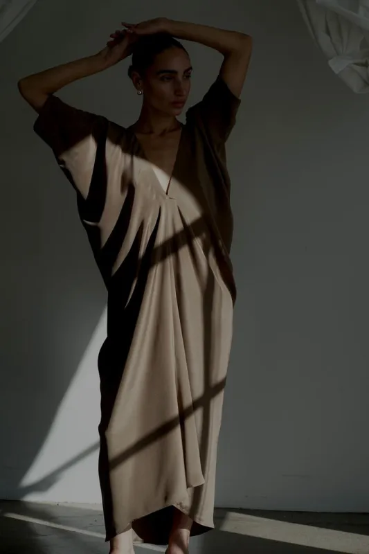 Silk Deep V Kaftan | Almond 3 Ply Silk Crepe made by Modern Weaving