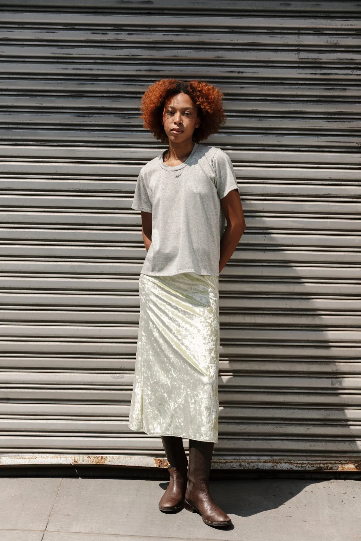 Velvet Skirt -Silvered Lime sold by CARLEEN