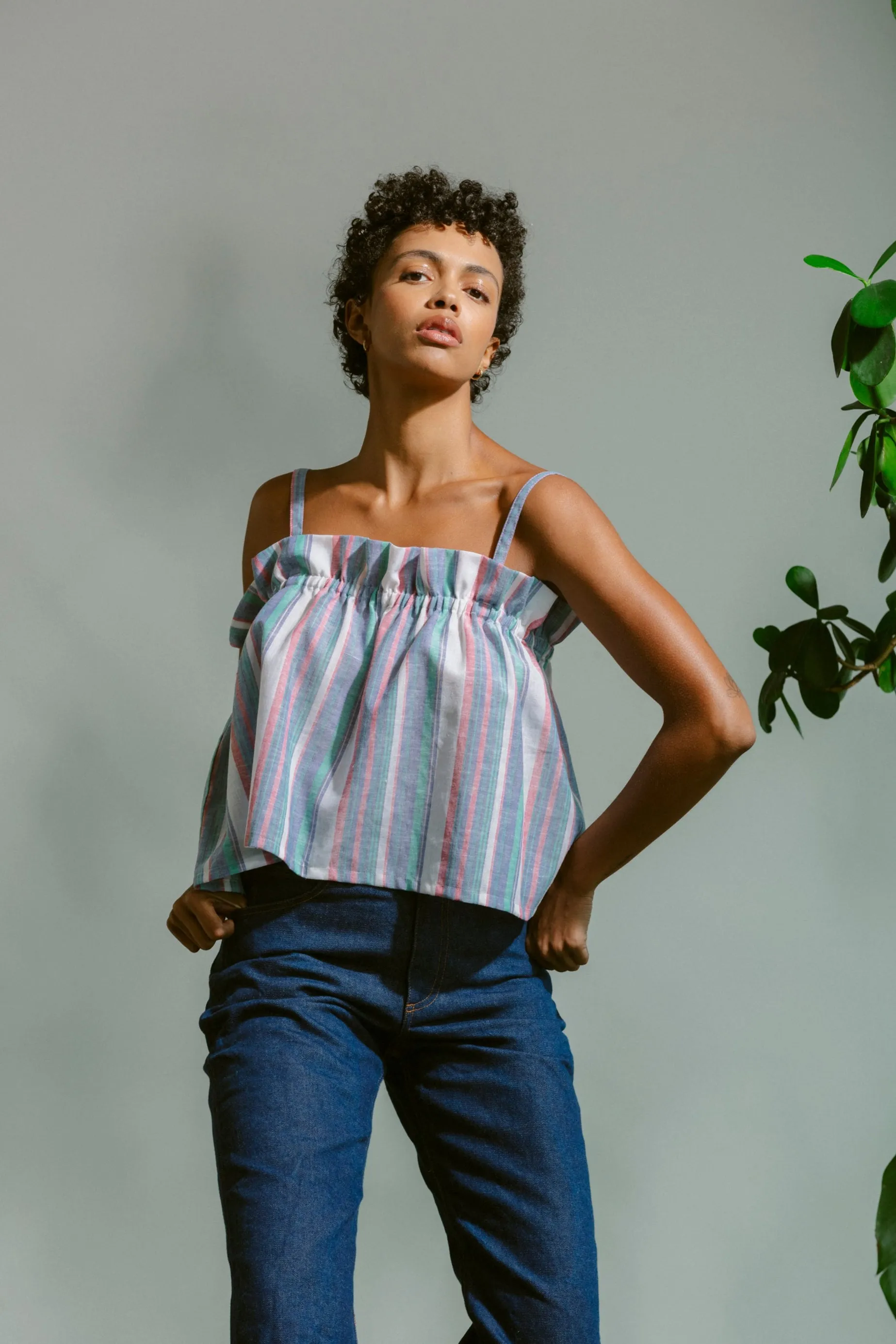 Ruffle Tank - Linen Multi Stripe sold by CARLEEN