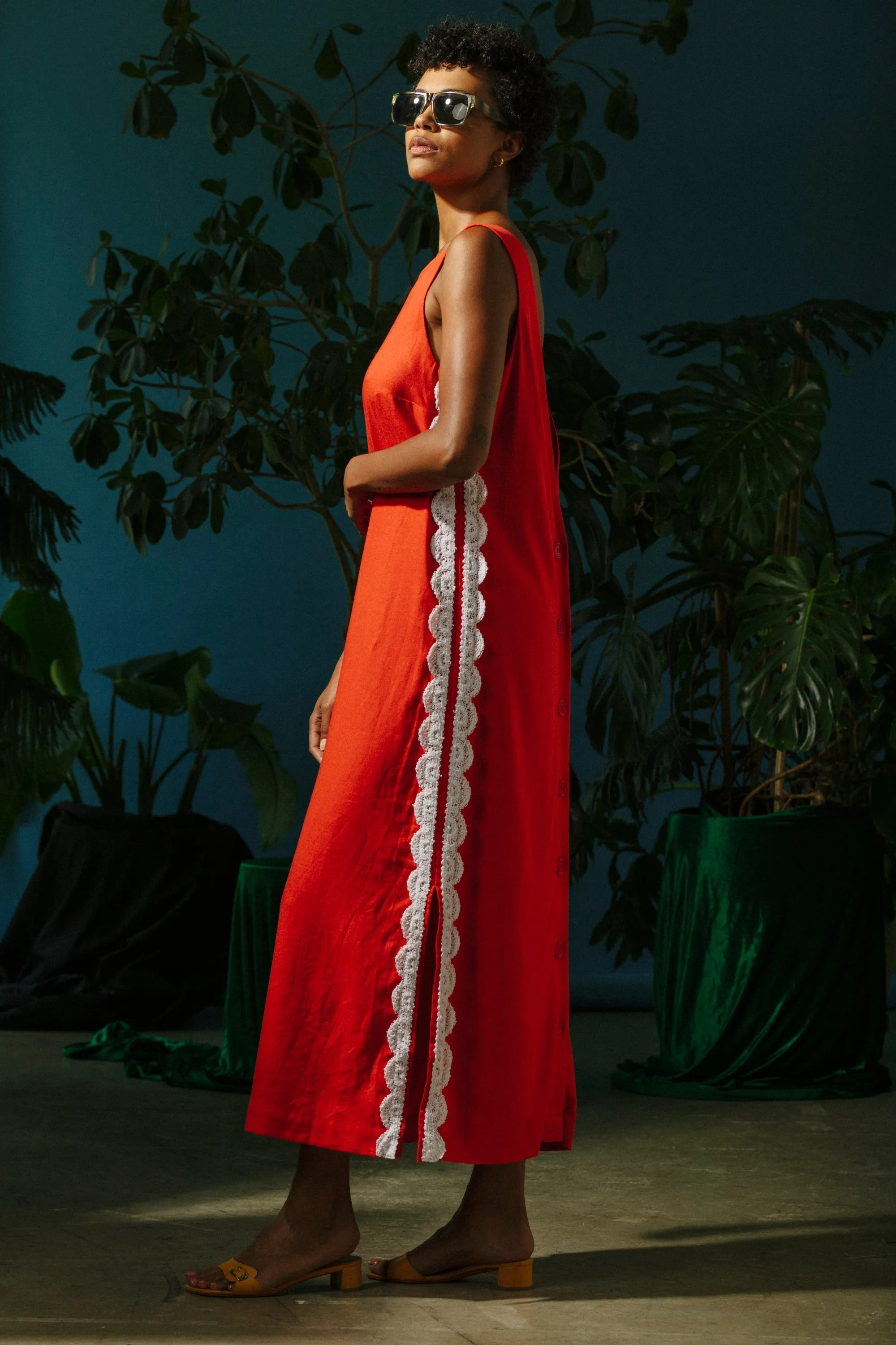 Button Back Dress - Red with White Crochet Trim sold by CARLEEN product image thumbnail 3