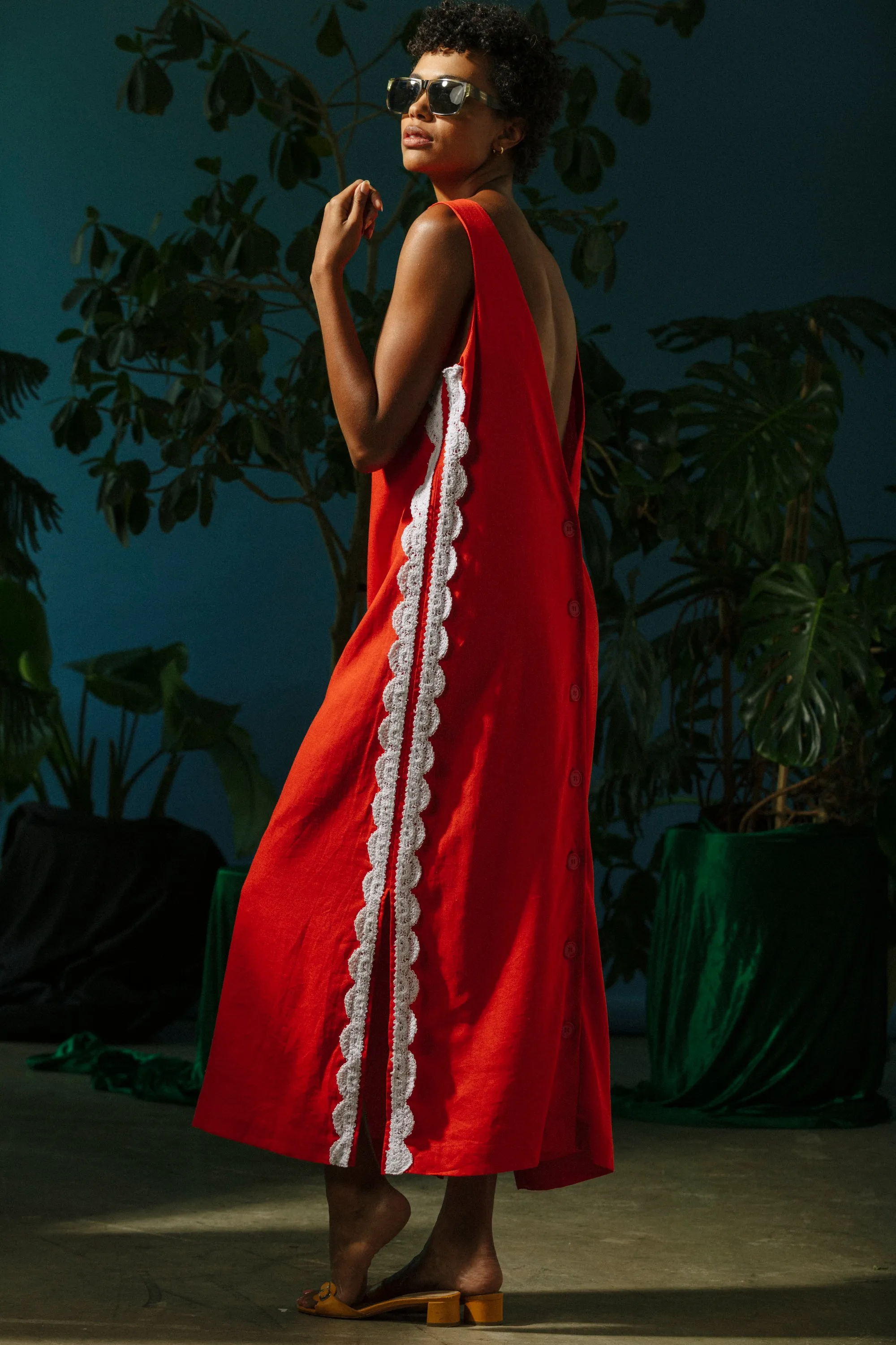 Button Back Dress - Red with White Crochet Trim sold by CARLEEN product image thumbnail 4