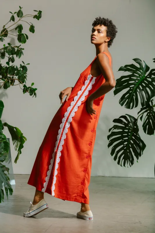 Button Back Dress - Red with White Crochet Trim sold by CARLEEN