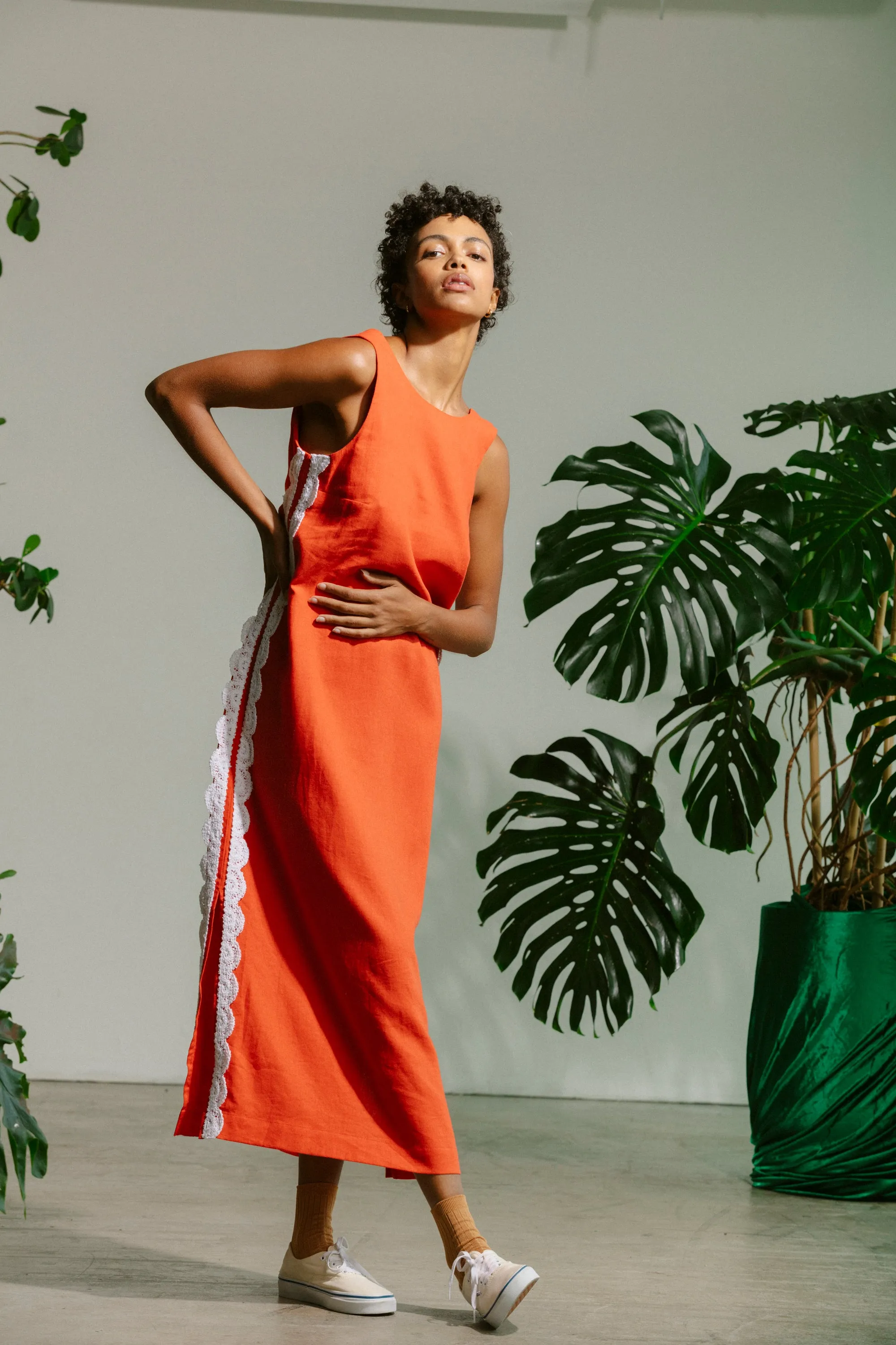 Button Back Dress - Red with White Crochet Trim sold by CARLEEN product image thumbnail 5