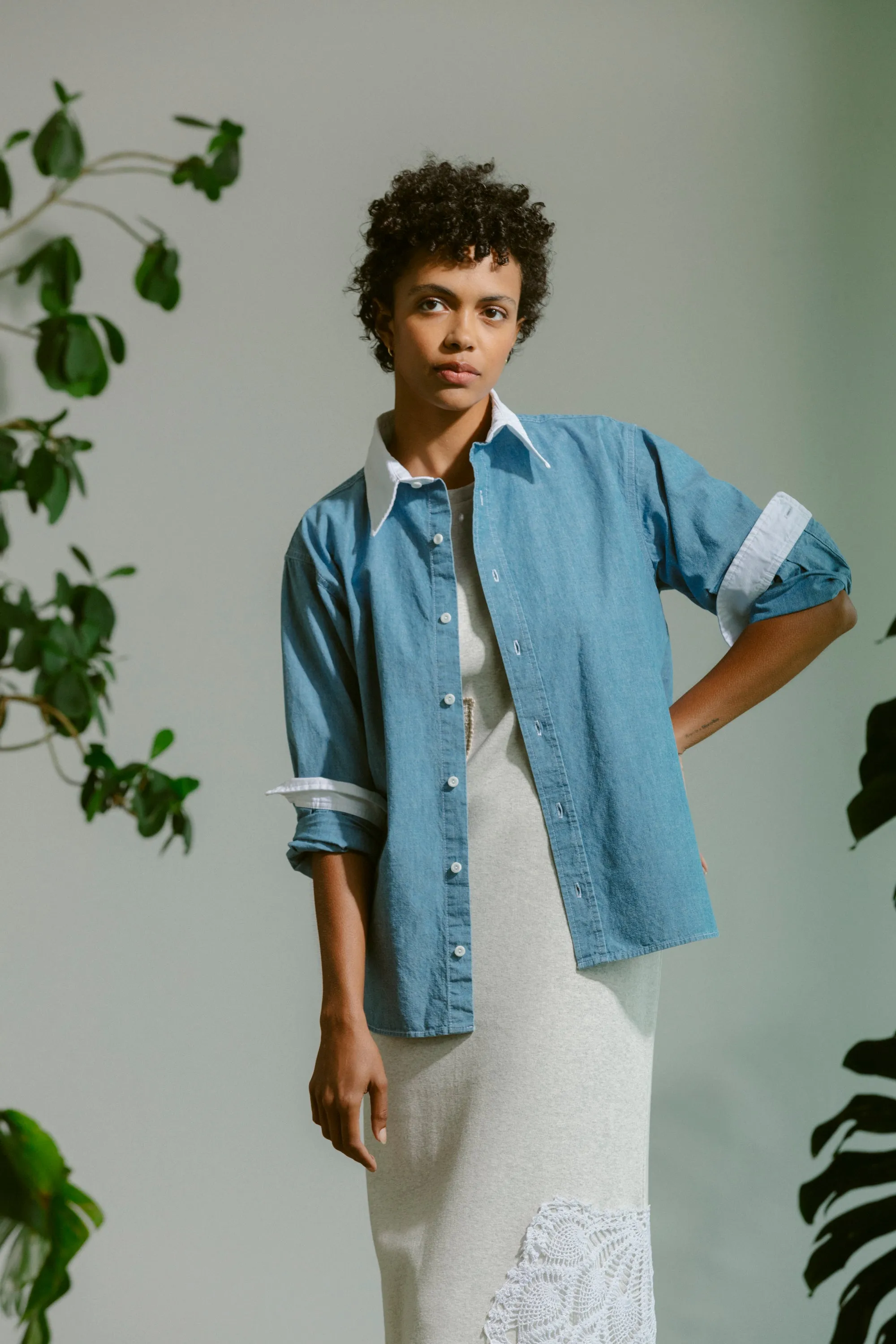 White Collar Chambray Shirt - Medium Wash Chambray sold by CARLEEN