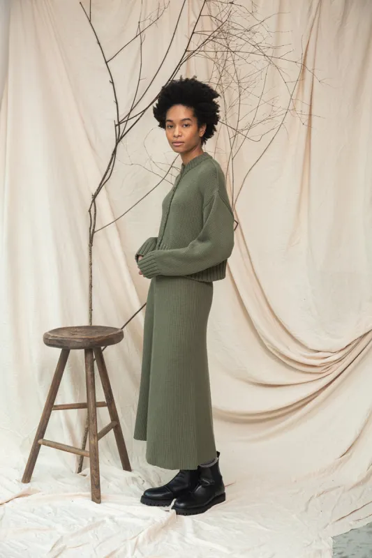 Mio Organic Cotton Knitted Skirt in Soft Khaki sold by Beaumont Organic