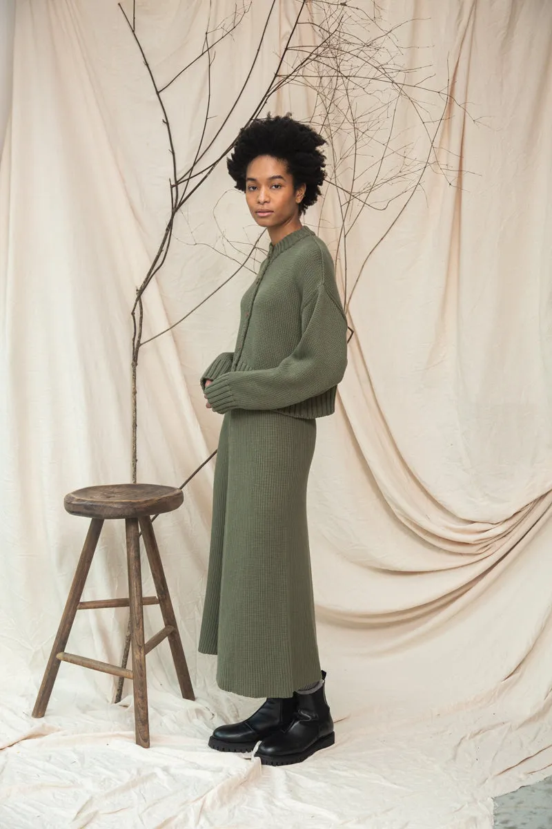 Mio Organic Cotton Knitted Skirt in Soft Khaki sold by Beaumont Organic