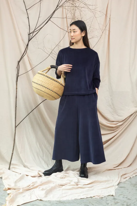 Odette Organic Cotton Velour Trousers in Night Sky Navy made by Beaumont Organic