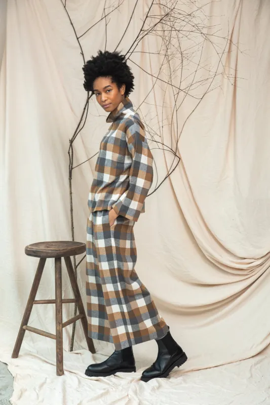 Evora-Cay Recycled Cotton Blend Brushed Twill Check Trousers in Tan Check made by Beaumont Organic