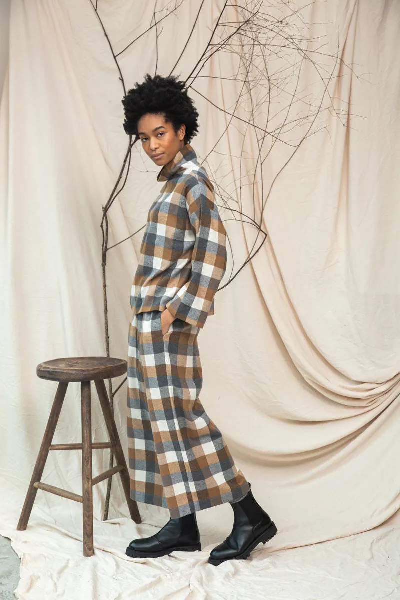 Evora-Cay Recycled Cotton Blend Brushed Twill Check Trousers in Tan Check sold by Beaumont Organic