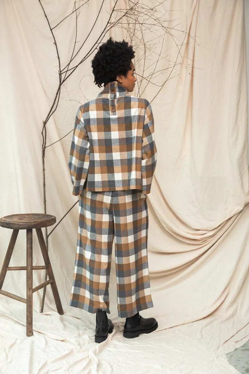 Evora-Cay Recycled Cotton Blend Brushed Twill Check Trousers in Tan Check sold by Beaumont Organic product image thumbnail 2