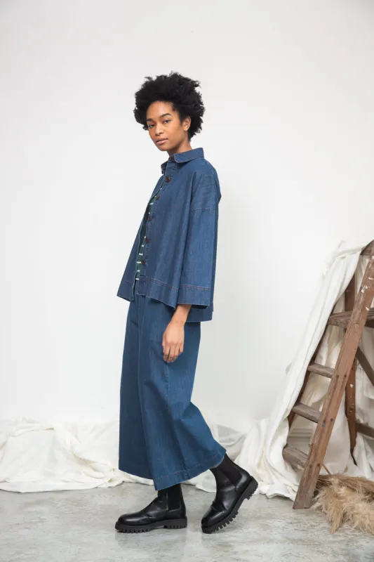 Evora-Leigh Organic Cotton Denim Trousers in Mid Blue made by Beaumont Organic