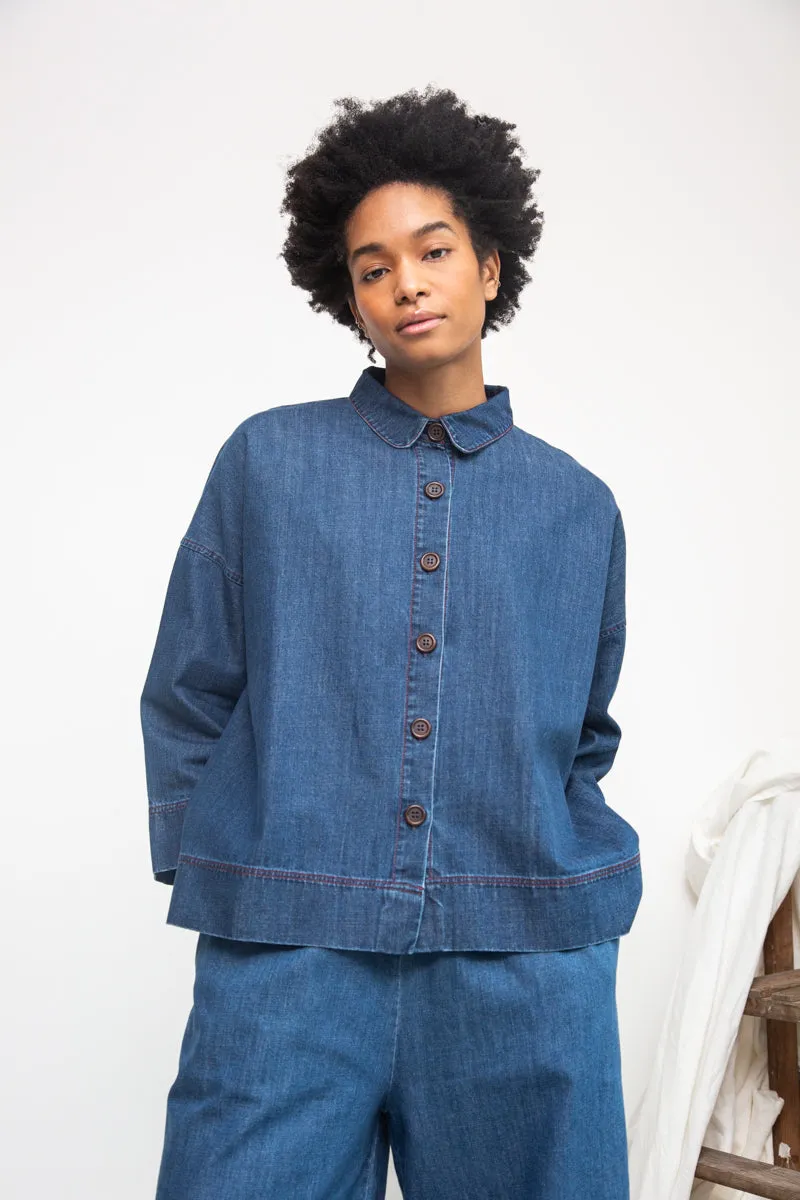 Dylan-Leigh Organic Cotton Denim Overshirt in Mid Blue sold by Beaumont Organic product image thumbnail 3