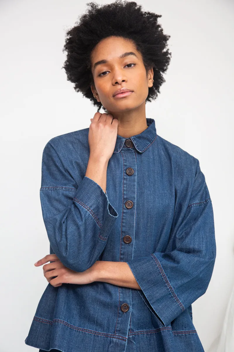 Dylan-Leigh Organic Cotton Denim Overshirt in Mid Blue sold by Beaumont Organic