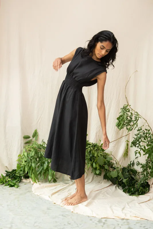 Ottillie-May Linen Dress in Black sold by Beaumont Organic