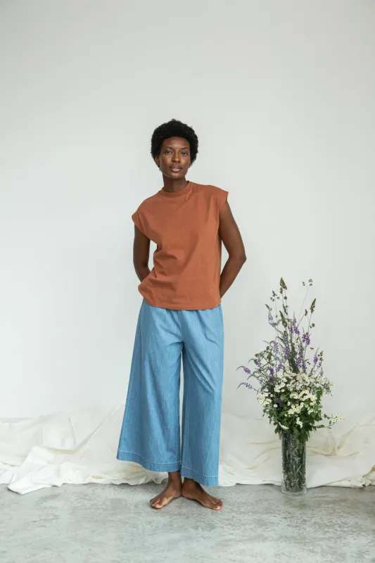 Evora-Leigh Organic Cotton Denim Trouser in Chambray Blue made by Beaumont Organic