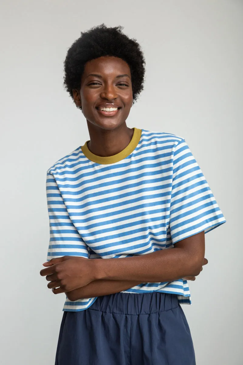 Bay-Sue Organic Cotton Top in Sea Blue and White Stripe sold by Beaumont Organic