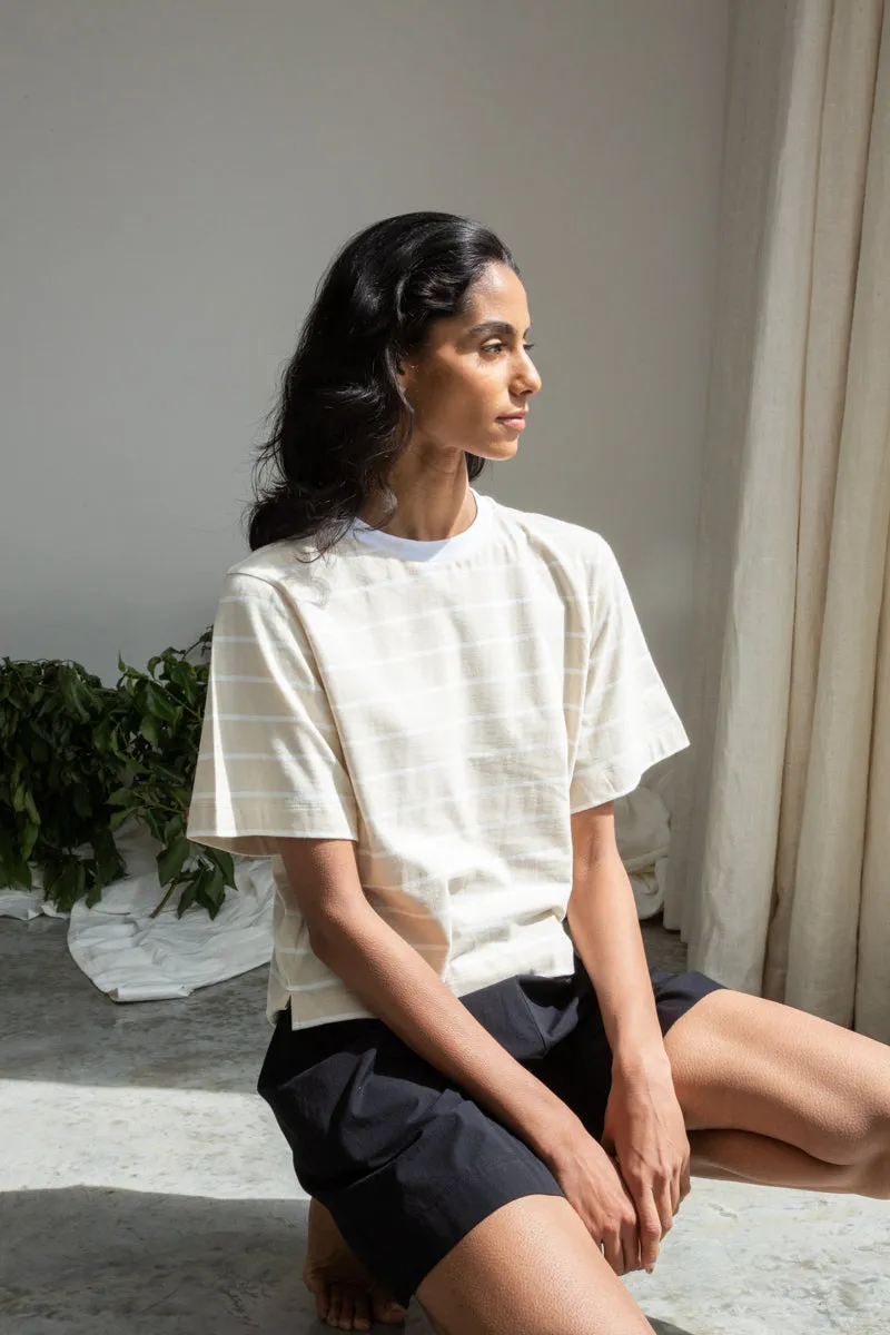 Bay-Sue Organic Cotton Top in Sand and White Thin Stripe sold by Beaumont Organic