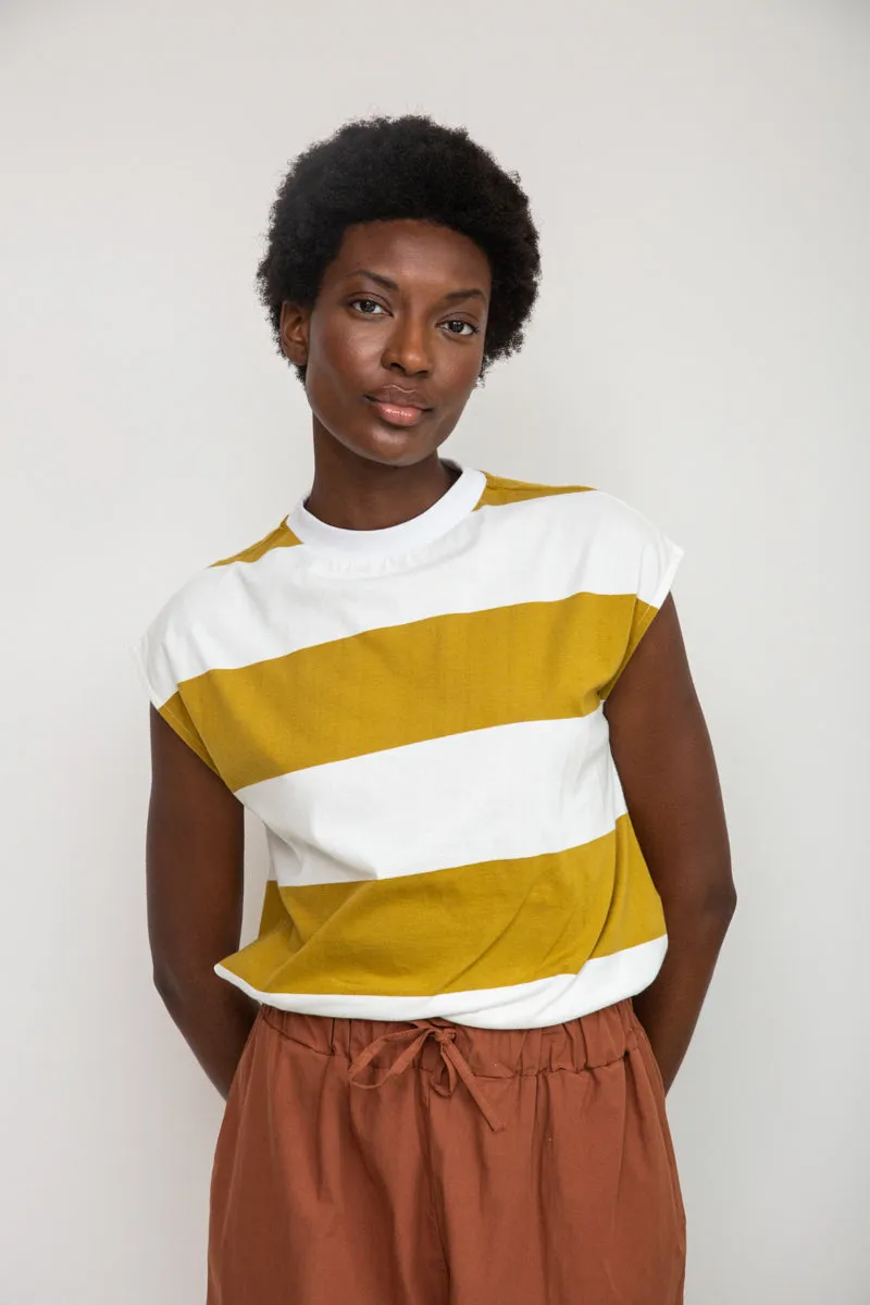 Aukai-Sue Organic Cotton Top in Olive and White Bold Stripe sold by Beaumont Organic