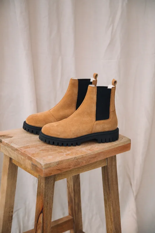 Milan-Kate Suede Boot in Caramel made by Beaumont Organic