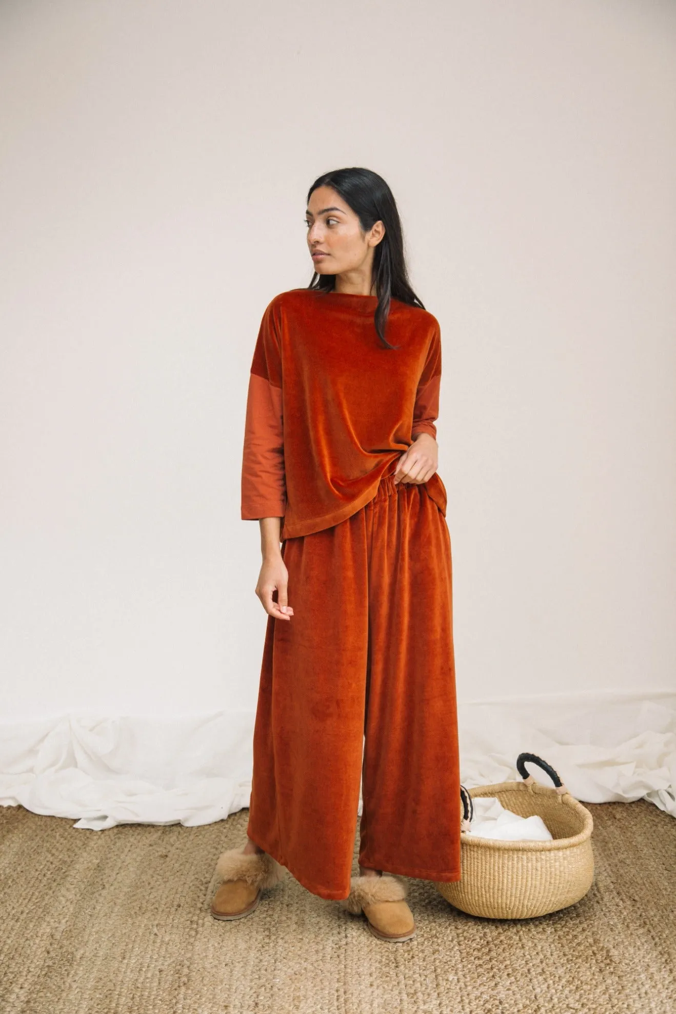Odette Organic Cotton Velour Trouser in Paprika sold by Beaumont Organic