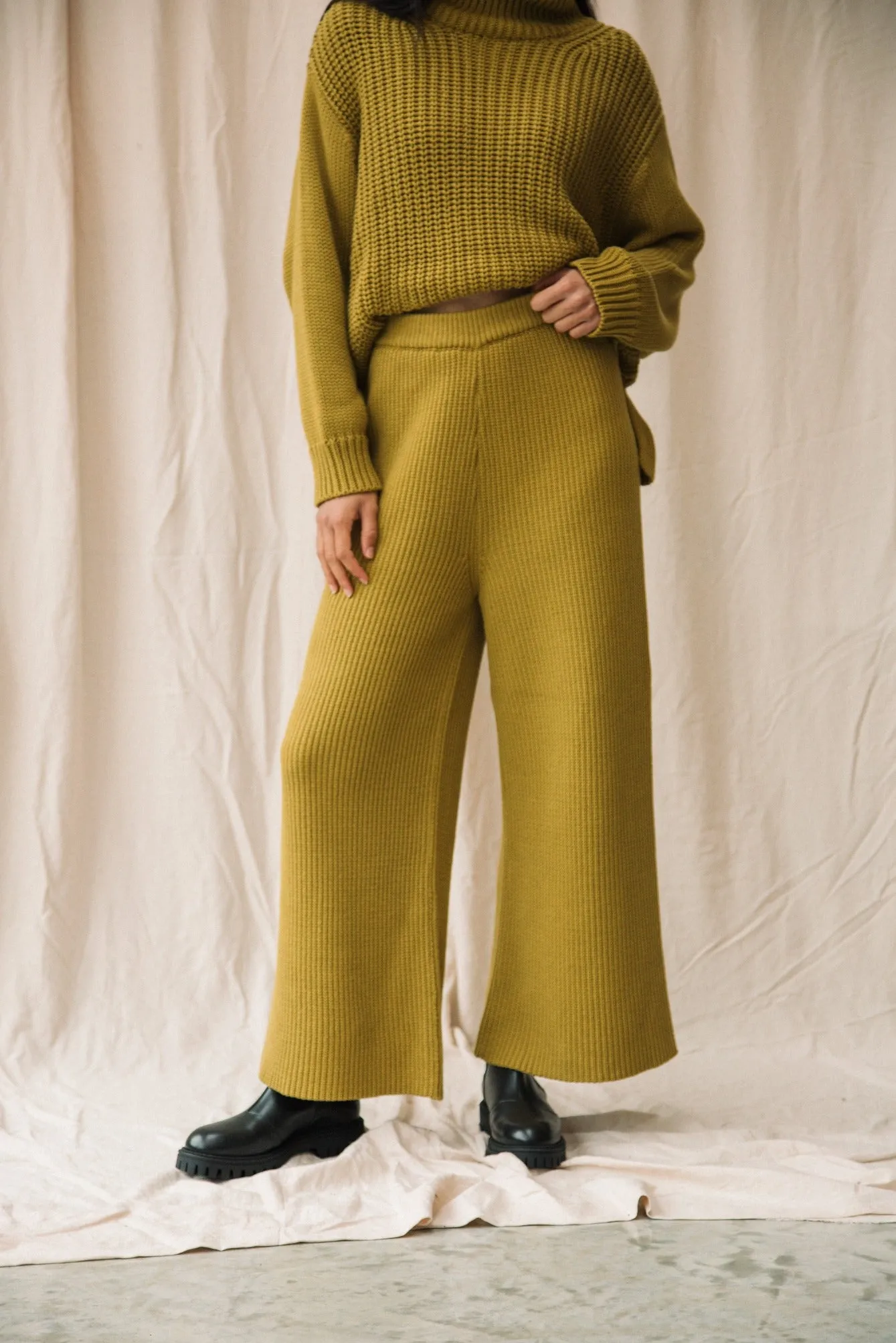 Taka Organic Cotton Knitted Trouser in Chartreuse sold by Beaumont Organic