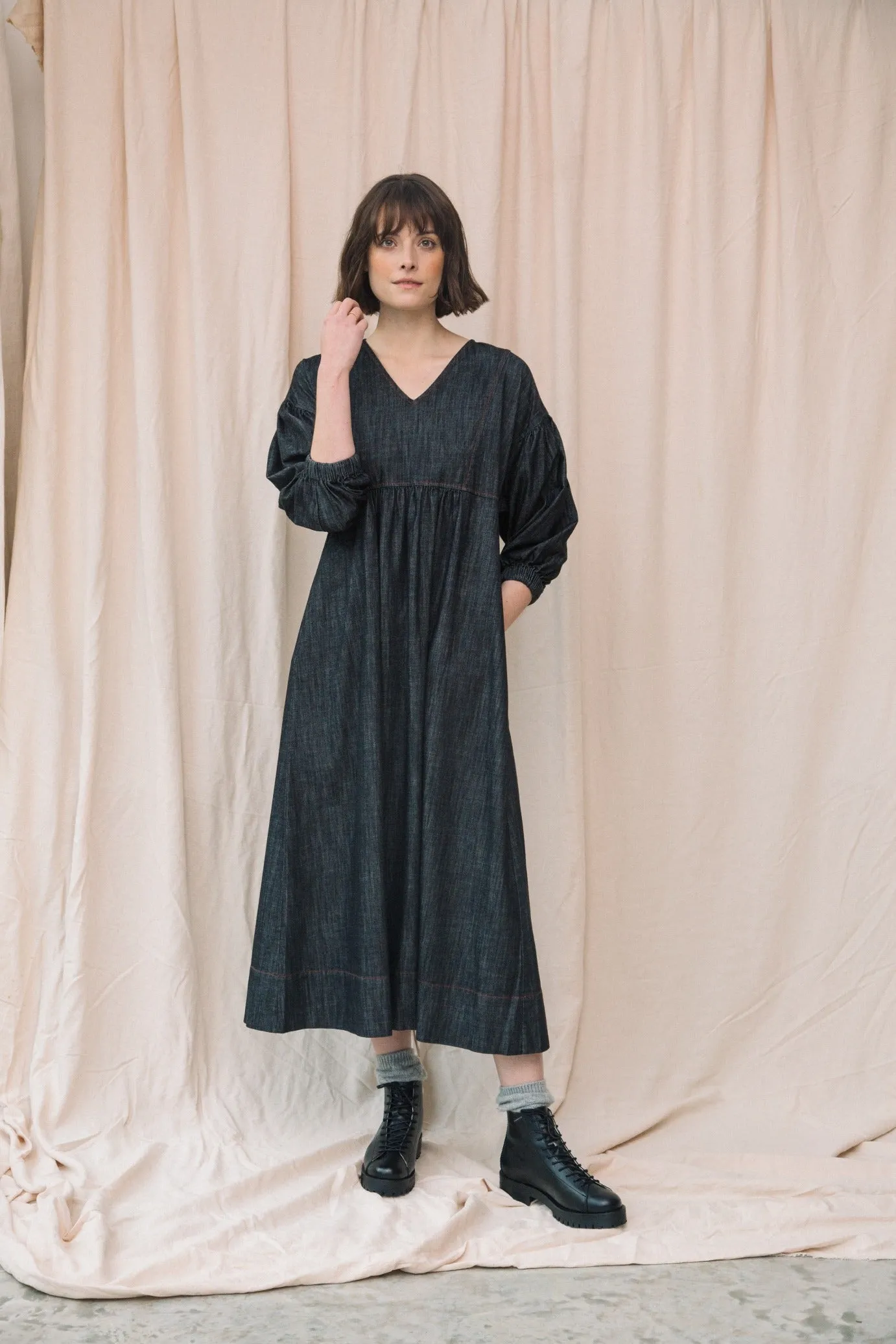 Harumi-Leigh Organic Cotton Denim Dress in Black sold by Beaumont Organic