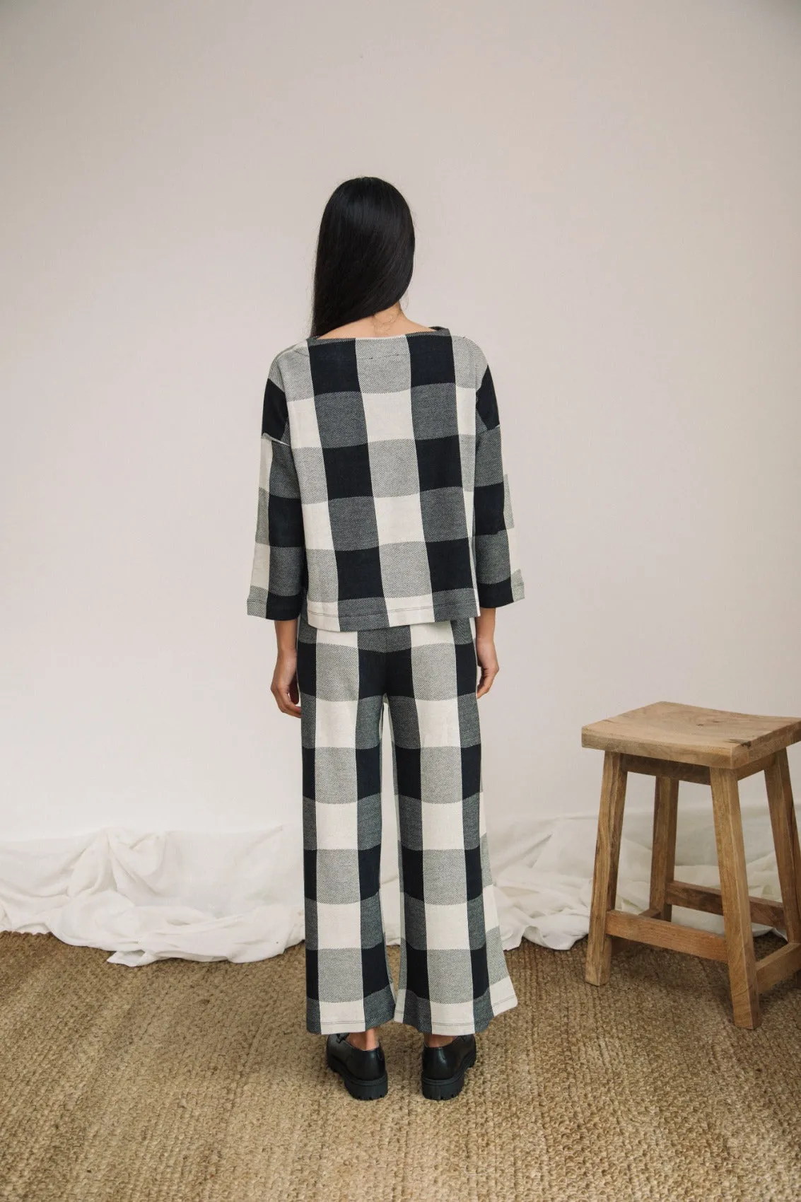 Thorne-Cay Organic Cotton Knitted Check Trouser in Black and Ecru sold by Beaumont Organic product image thumbnail 2