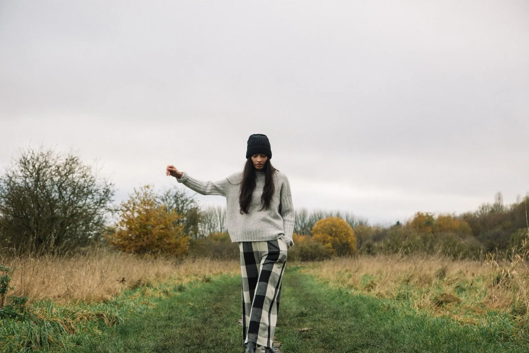 Thorne-Cay Organic Cotton Knitted Check Trouser in Black and Ecru sold by Beaumont Organic product image thumbnail 3