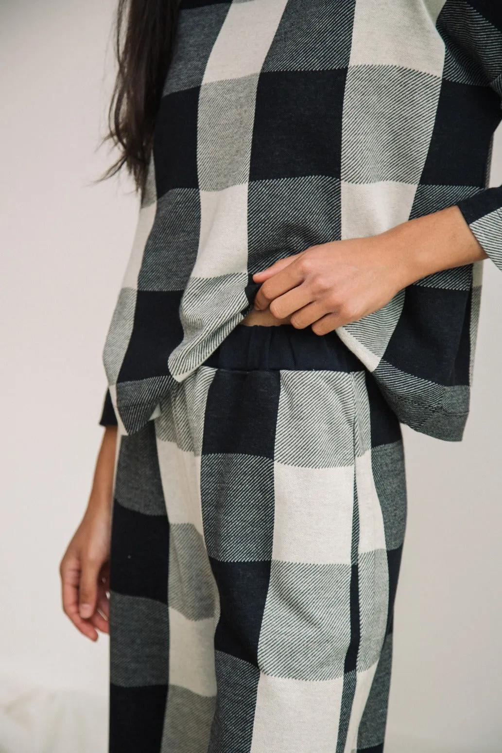 Thorne-Cay Organic Cotton Knitted Check Trouser in Black and Ecru sold by Beaumont Organic product image thumbnail 4