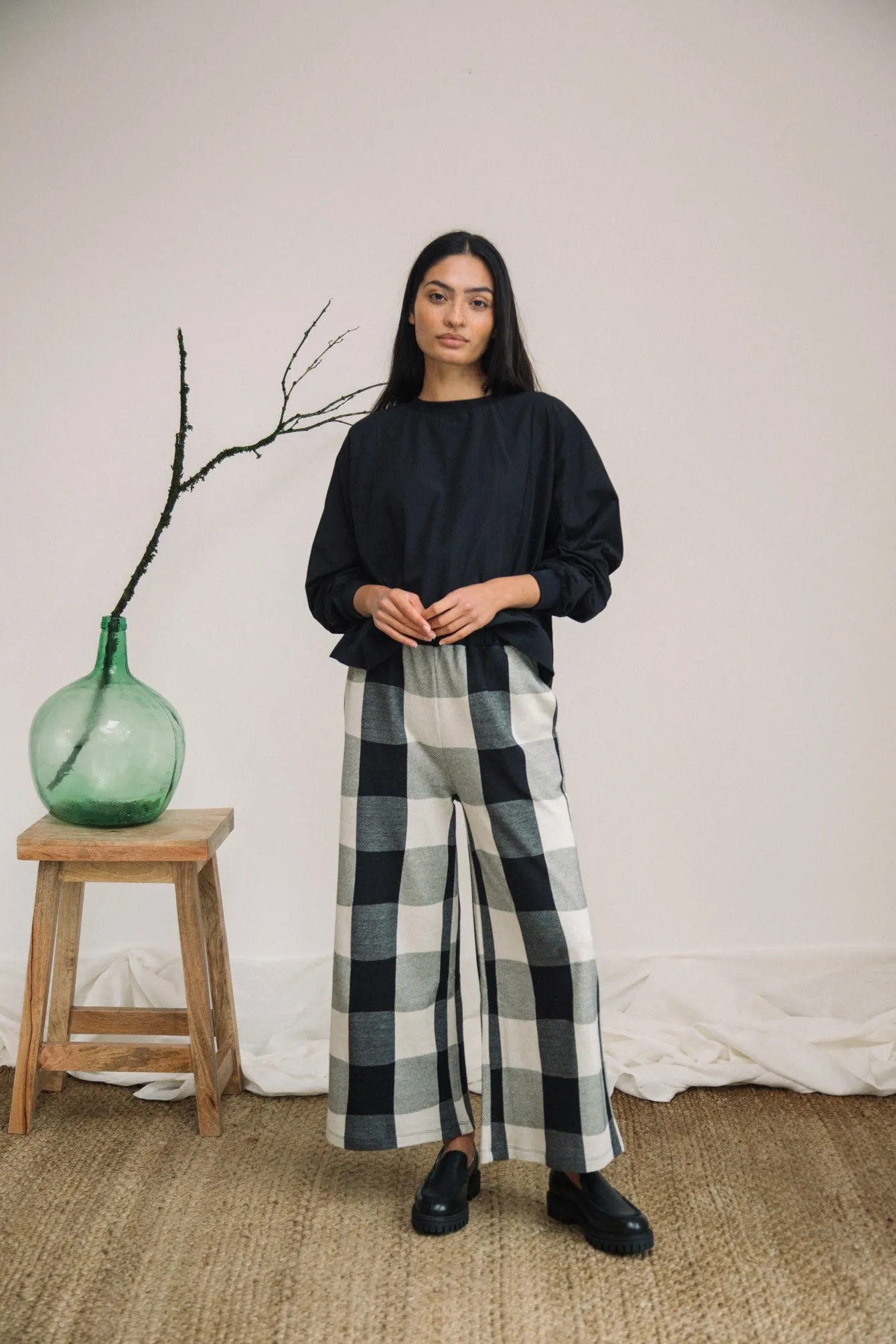 Thorne-Cay Organic Cotton Knitted Check Trouser in Black and Ecru sold by Beaumont Organic
