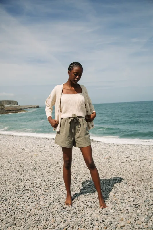 Honor-May Cotton Linen Shorts in Khaki sold by Beaumont Organic