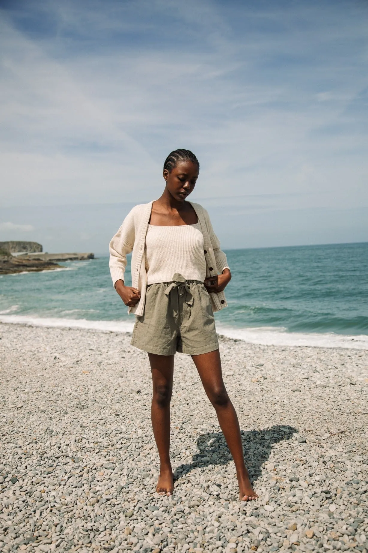 Honor-May Cotton Linen Shorts in Khaki sold by Beaumont Organic