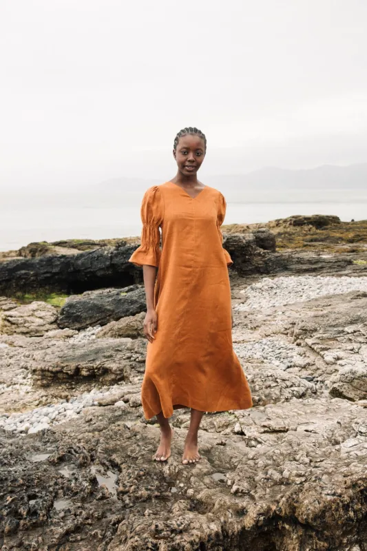 Nerissa Linen Dress in Pecan sold by Beaumont Organic
