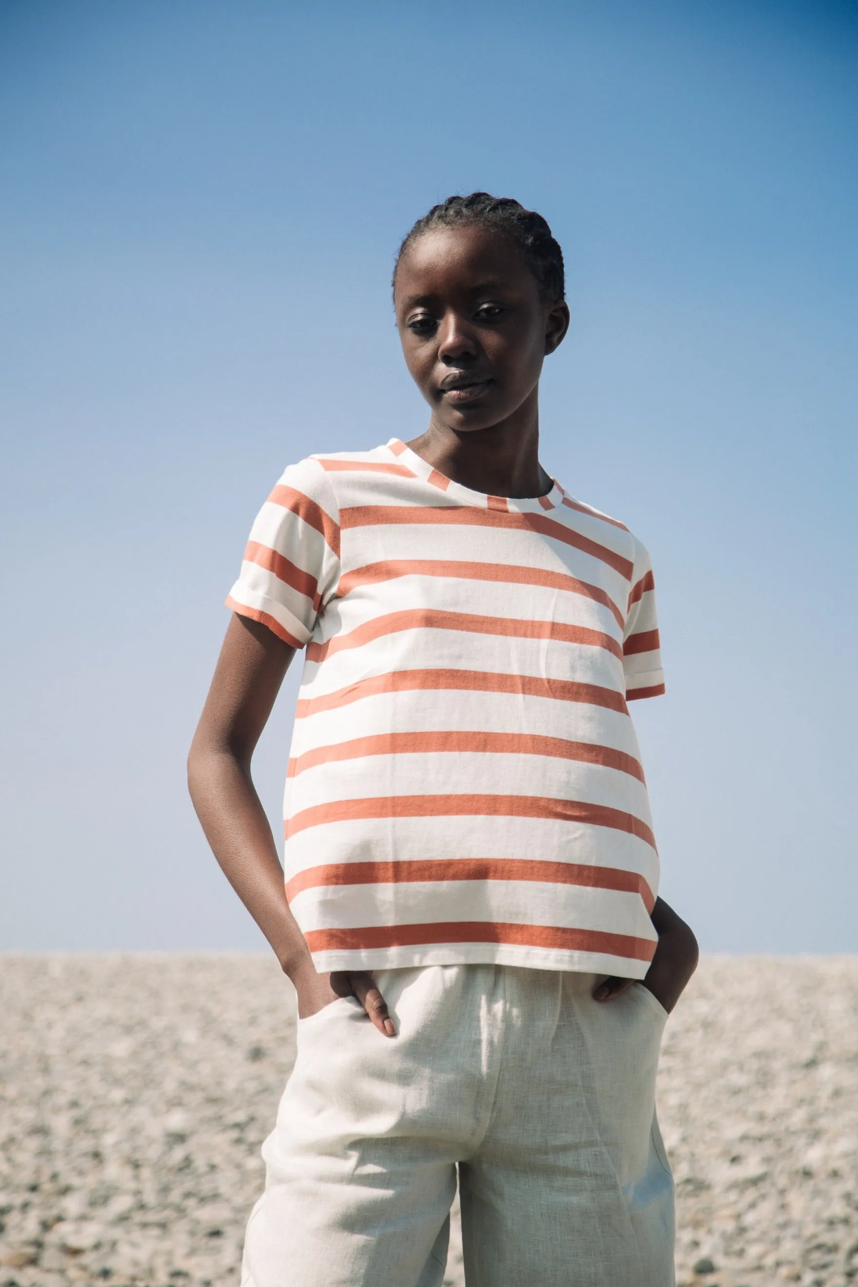 Nori-Sue Organic Cotton Top in Rust and White sold by Beaumont Organic