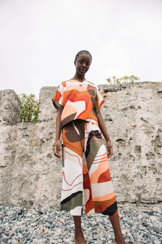 Evora-Paige Tencel Trousers in Rockpool Print sold by Beaumont Organic